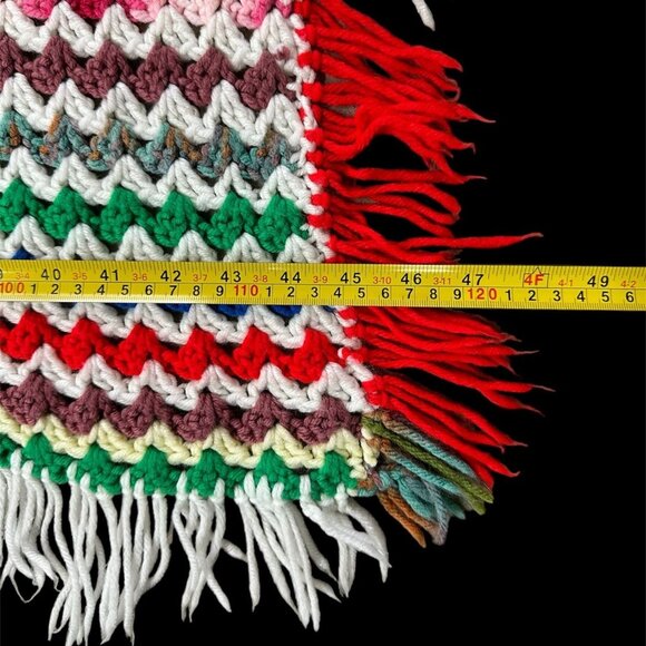 Vintage Afghan Throw Blanket Crocheted Handmade Fringe Rainbow Stripes Retro - Picture 8 of 9